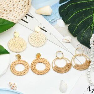 3 Pairs Boho Rattan Dangle Earrings